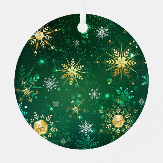 Xmas Golden Snowflakes on Green Background Label Metal Ornament (Front)