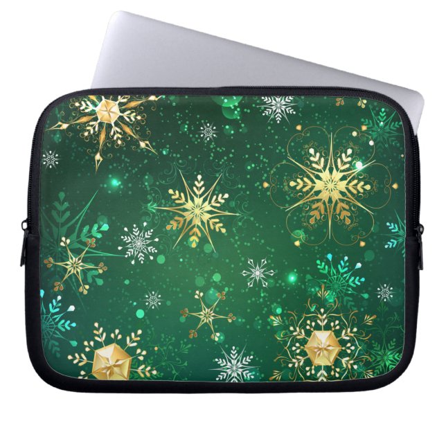 Xmas Golden Snowflakes on Green Background Laptop Sleeve (Front)