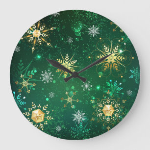 Xmas Golden Snowflakes on Green Background Large Clock