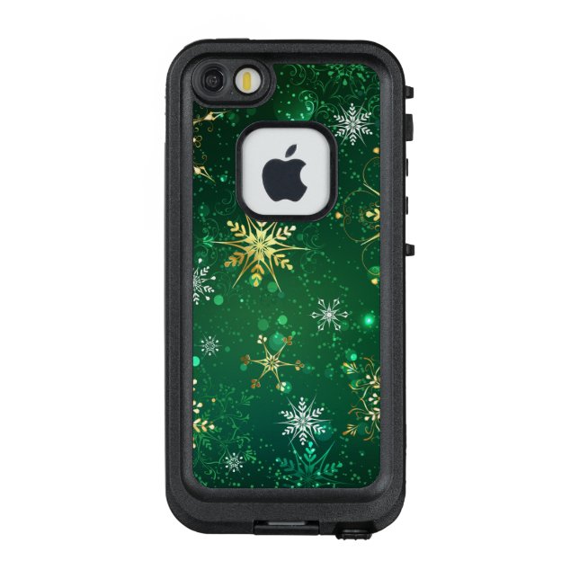 Xmas Golden Snowflakes on Green Background LifeProof iPhone Case (Back)