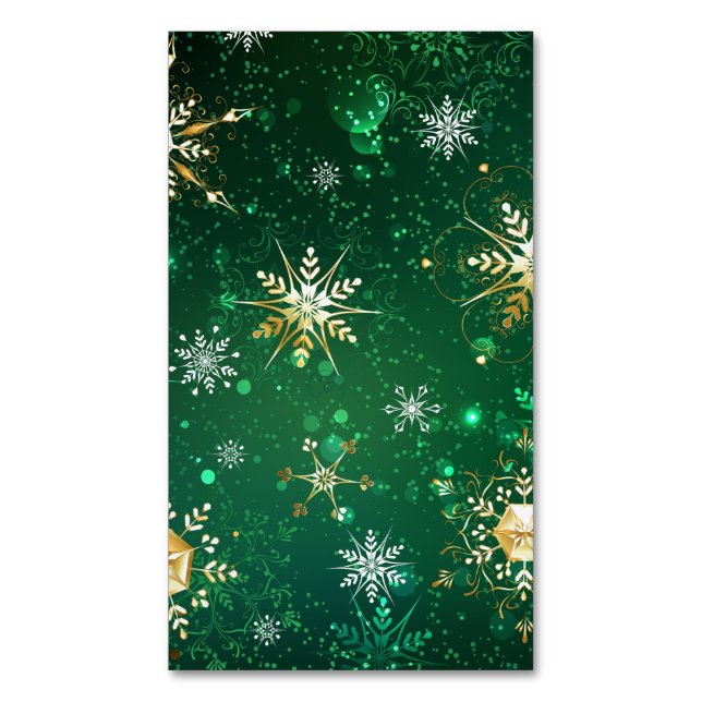 Xmas Golden Snowflakes on Green Background Magnetic Business Card (Front Vertical)