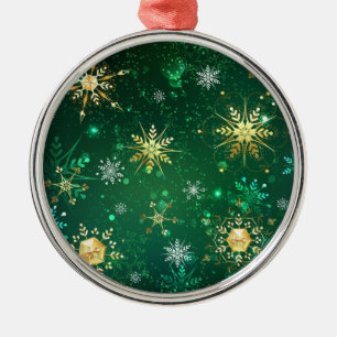 Xmas Golden Snowflakes on Green Background Metal Ornament