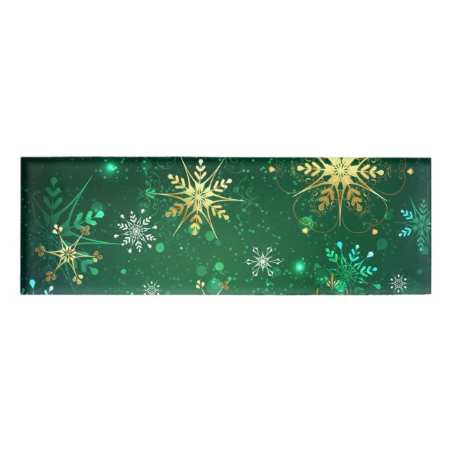 Xmas Golden Snowflakes on Green Background Name Tag (Front)