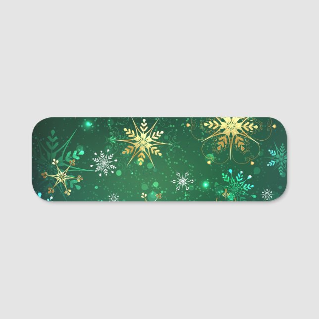 Xmas Golden Snowflakes on Green Background Name Tag (Front)
