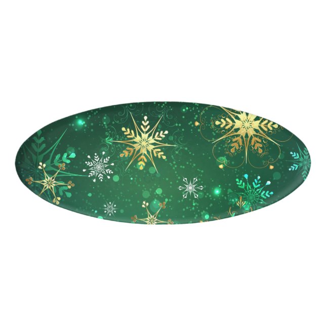 Xmas Golden Snowflakes on Green Background Name Tag (Front)