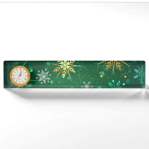 Xmas Golden Snowflakes on Green Background Nameplate