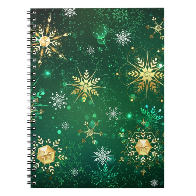 Xmas Golden Snowflakes on Green Background Notebook (Front)