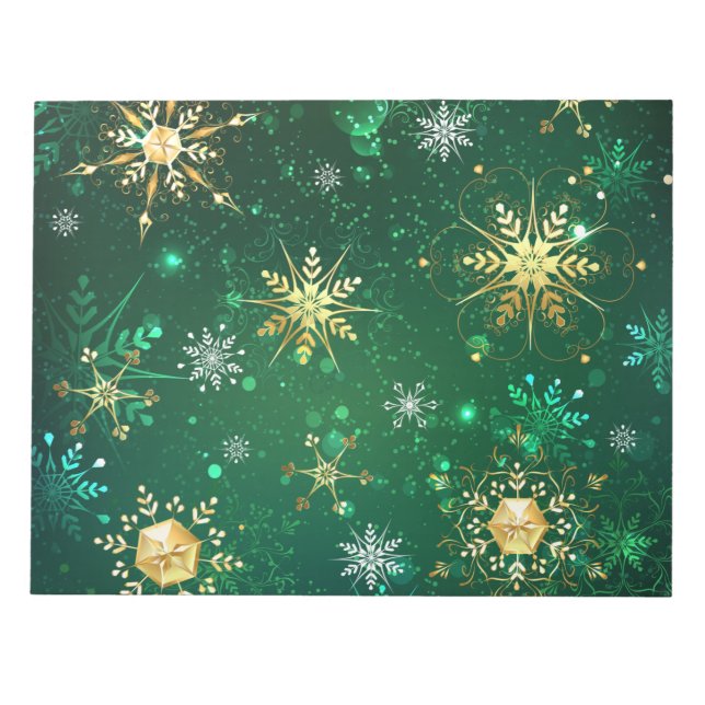 Xmas Golden Snowflakes on Green Background Notepad (Front)