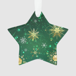 Xmas Golden Snowflakes on Green Background Ornament