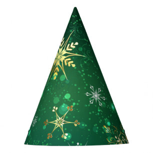 Xmas Golden Snowflakes on Green Background Party Hat