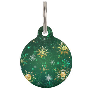 Xmas Golden Snowflakes on Green Background Pet Tag
