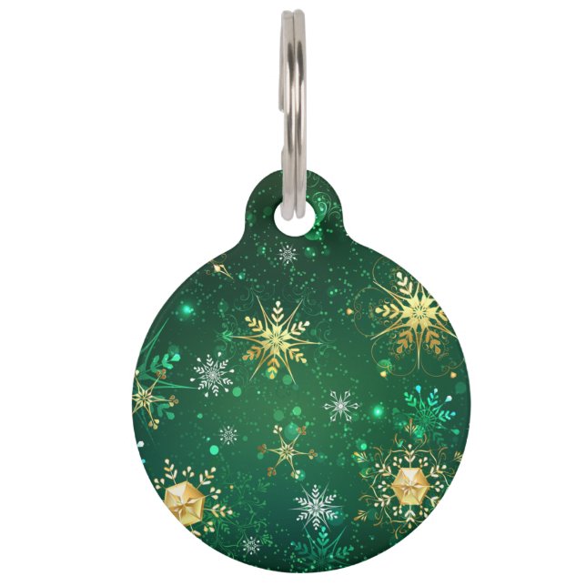 Xmas Golden Snowflakes on Green Background Pet Tag (Front)