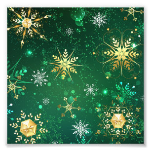 Xmas Golden Snowflakes on Green Background Photo Print