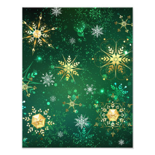 Xmas Golden Snowflakes on Green Background Photo Print