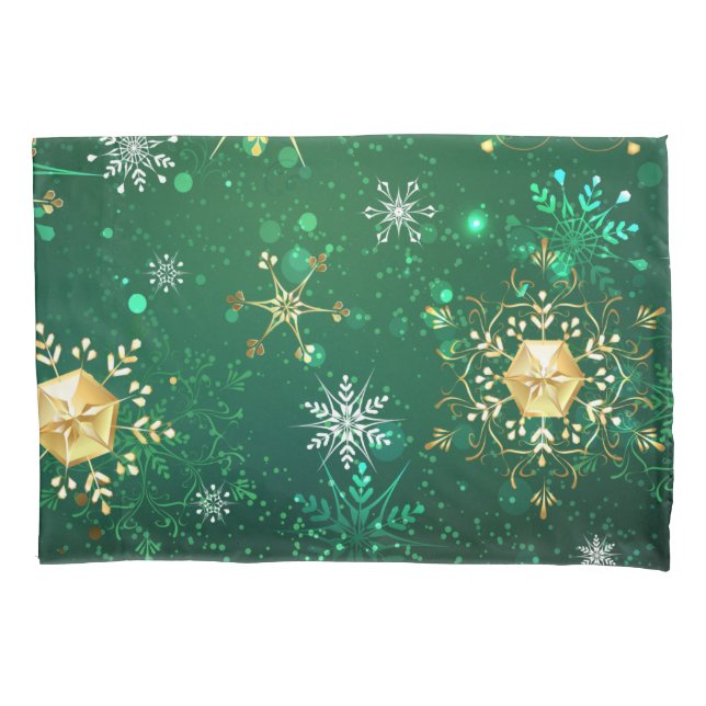 Xmas Golden Snowflakes on Green Background Pillowcase (Front)