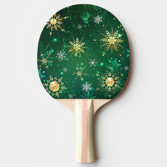 Xmas Golden Snowflakes on Green Background Ping Pong Paddle (Front)