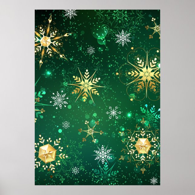 Xmas Golden Snowflakes on Green Background Poster (Front)