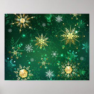 Xmas Golden Snowflakes on Green Background Poster