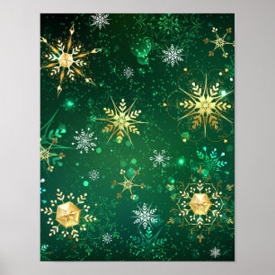 Xmas Golden Snowflakes on Green Background Poster