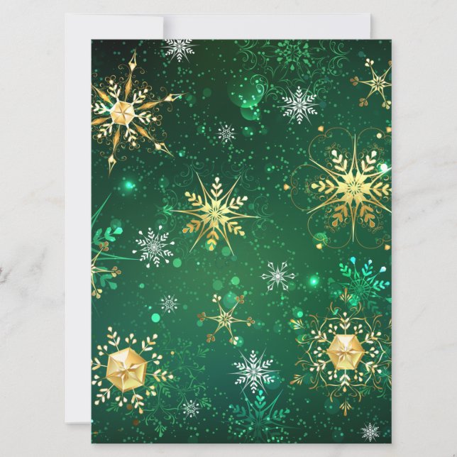 Xmas Golden Snowflakes on Green Background Save The Date (Front)