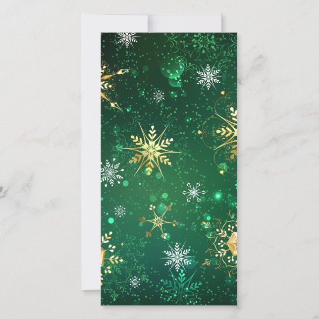 Xmas Golden Snowflakes on Green Background Save The Date (Front)