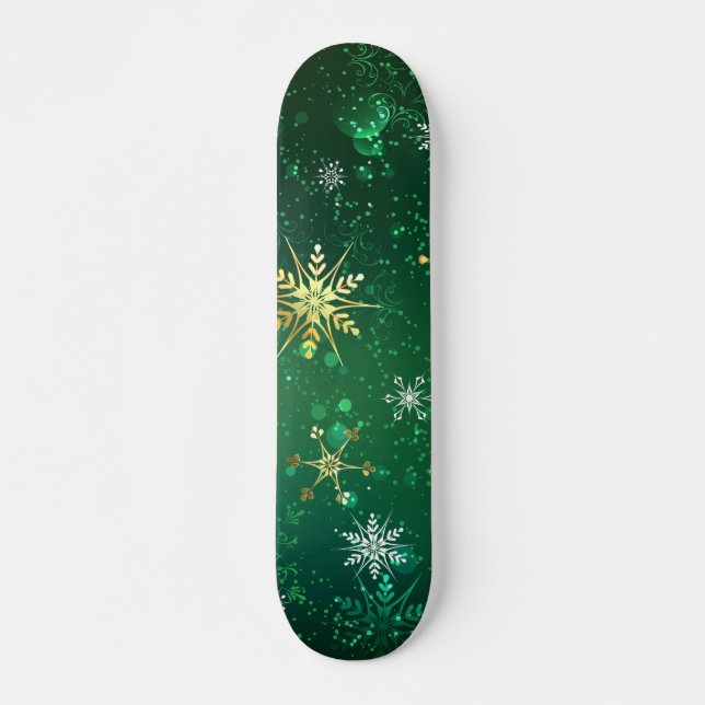 Xmas Golden Snowflakes on Green Background Skateboard (Front)