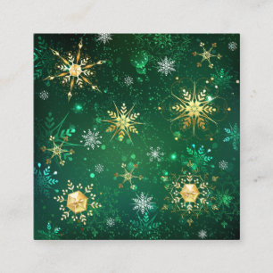 Xmas Golden Snowflakes on Green Background Square Business Card