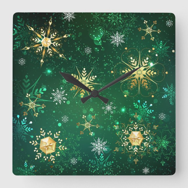 Xmas Golden Snowflakes on Green Background Square Wall Clock (Front)