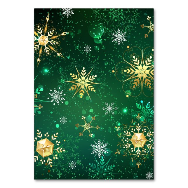 Xmas Golden Snowflakes on Green Background Table Number (Front)