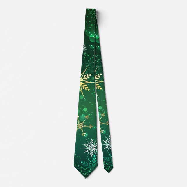 Xmas Golden Snowflakes on Green Background Tie (Front)