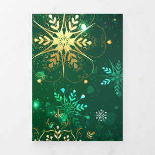 Xmas Golden Snowflakes on Green Background Tri-Fold Card