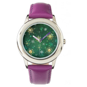 Xmas Golden Snowflakes on Green Background Watch