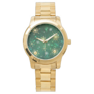 Xmas Golden Snowflakes on Green Background Watch