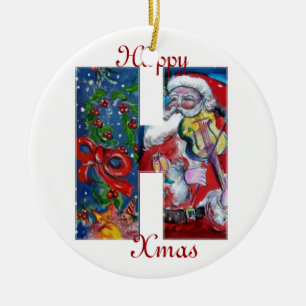 XMAS H LETTER /SANTA  CLAUS WITH VIOLIN MONOGRAM CERAMIC ORNAMENT