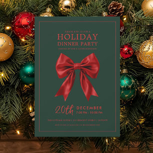 Xmas Holiday Dinner Party Red Satin Bow Green  Invitation