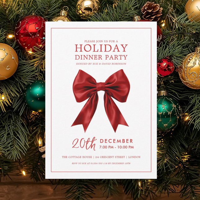 Xmas Holiday Dinner Party Red Satin Bow  Invitation (Xmas Holiday Dinner Party Red Satin Bow Invitation)