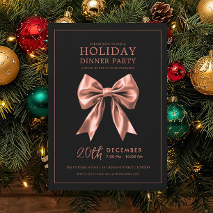 Xmas Holiday Dinner Party Rose Gold Satin Bow Blac Invitation