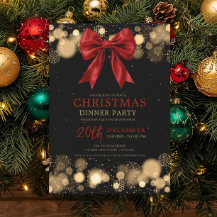 Xmas Holiday Dinner Party Winter Bow Red Gold Invitation