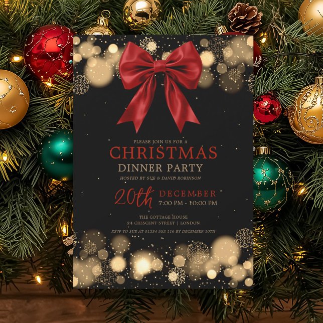 Xmas Holiday Dinner Party Winter Bow Red Gold Invitation (Xmas Holiday Dinner Party Winter Bow Red Gold Invitation)