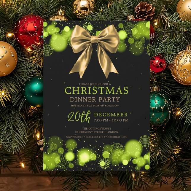 Xmas Holiday Dinner Party Winter Gold Bow Green Invitation (Xmas Holiday Dinner Party Winter Gold Bow Green Invitation)