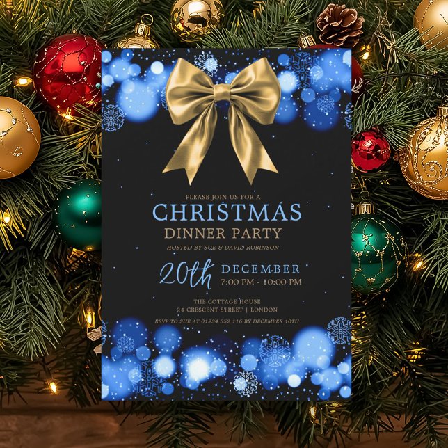 Xmas Holiday Dinner Party Winter Gold Bow Navy  Invitation (Xmas Holiday Dinner Party Winter Gold Bow Navy Invitation)