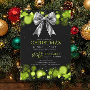 Xmas Holiday Dinner Party Winter Silver Bow Green  Invitation