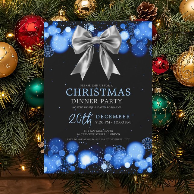 Xmas Holiday Dinner Party Winter Silver Bow Navy  Invitation (Xmas Holiday Dinner Party Winter Silver Bow Navy Invitation)