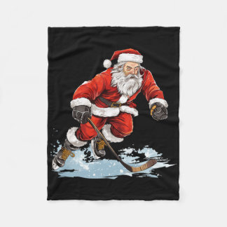 Xmas Holiday Fun Santa Playing Ice Hockey Christma Fleece Blanket