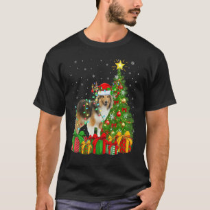 Xmas Holiday Lights Santa Sheltie Dog Christmas Tr T-Shirt