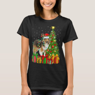 Xmas Holiday Lights Santa Sheltie Dog Christmas Tr T-Shirt
