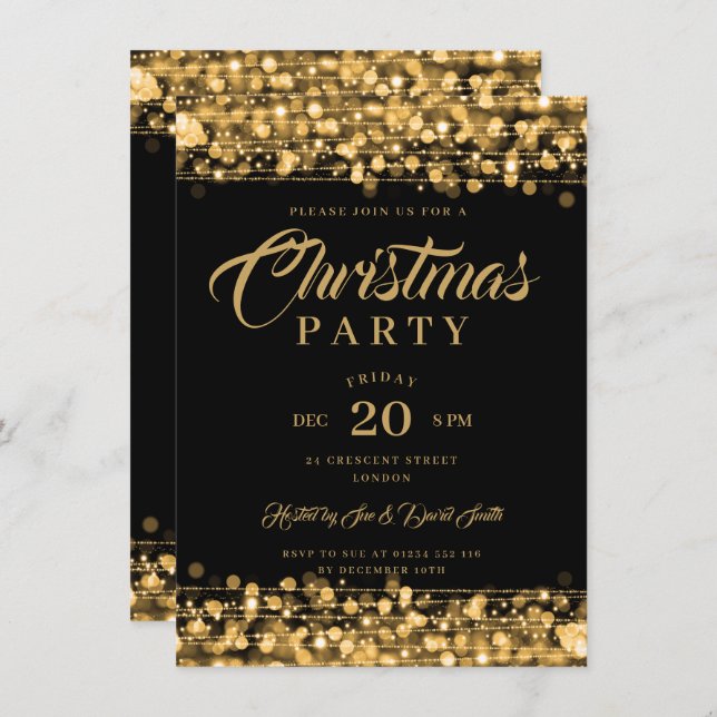 Xmas Holiday Party Gold String Lights Invitation (Front/Back)