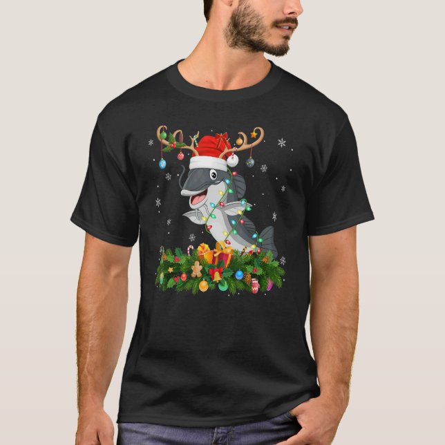 Xmas Holiday Reindeer Hat Santa Catfish Christmas T-Shirt (Front)