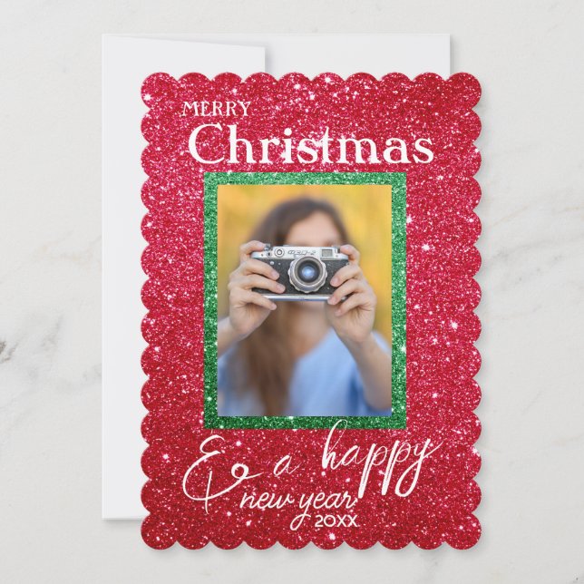 Xmas Holidays Glitter Photo Christmas Card (Front)