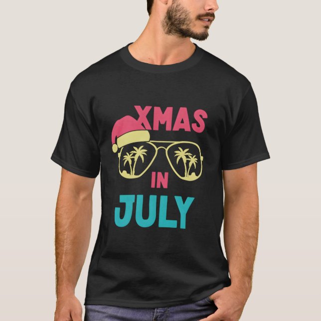 Xmas In July Santa Hat Sunglasses Summer Christmas T-Shirt (Front)